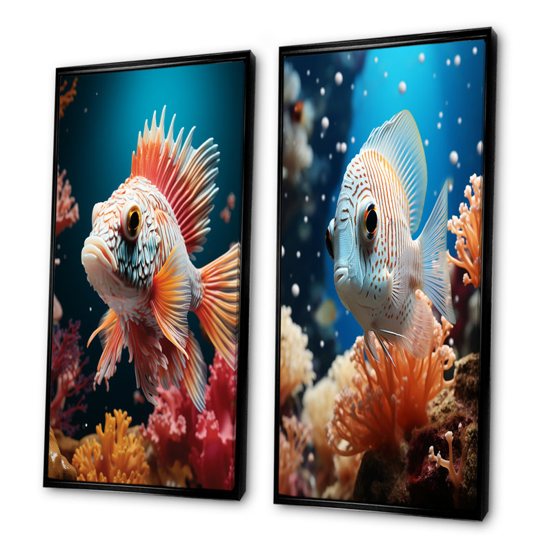 Papillon orange, corail, merveilles I - ensemble de 2 décorations murales poisson papillon, Cadre noir, H 28 po x l 25 po