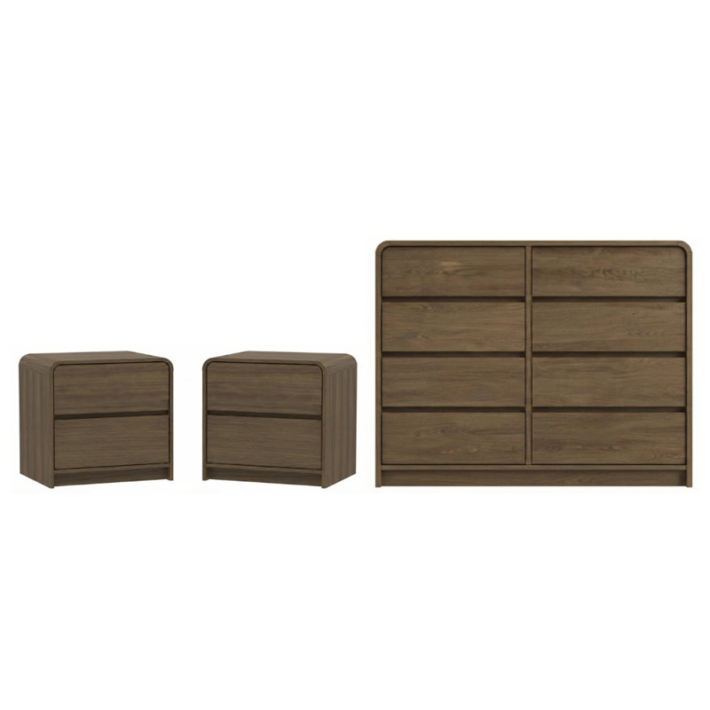 Rishel Modern 3 Pieces Bedroom Set, 3 Pcs: Dresser 8, 2 Nightstands