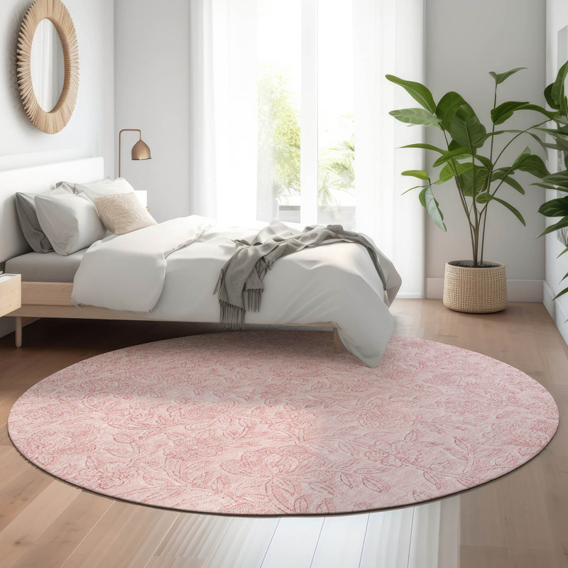 Tapis rose Prisco lavable à la machine de qualité supérieure, Rond 8 pi