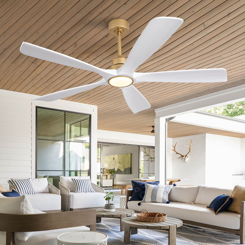 Ventilateurs de plafond de 52 pouces avec lumières et télécommande, ventilateur de plafond en bois pour patio, ventilateur de plafond doré avec lumières, moteur à courant continu silencieux, DEL à intensité variable, 5 pales en bois massif