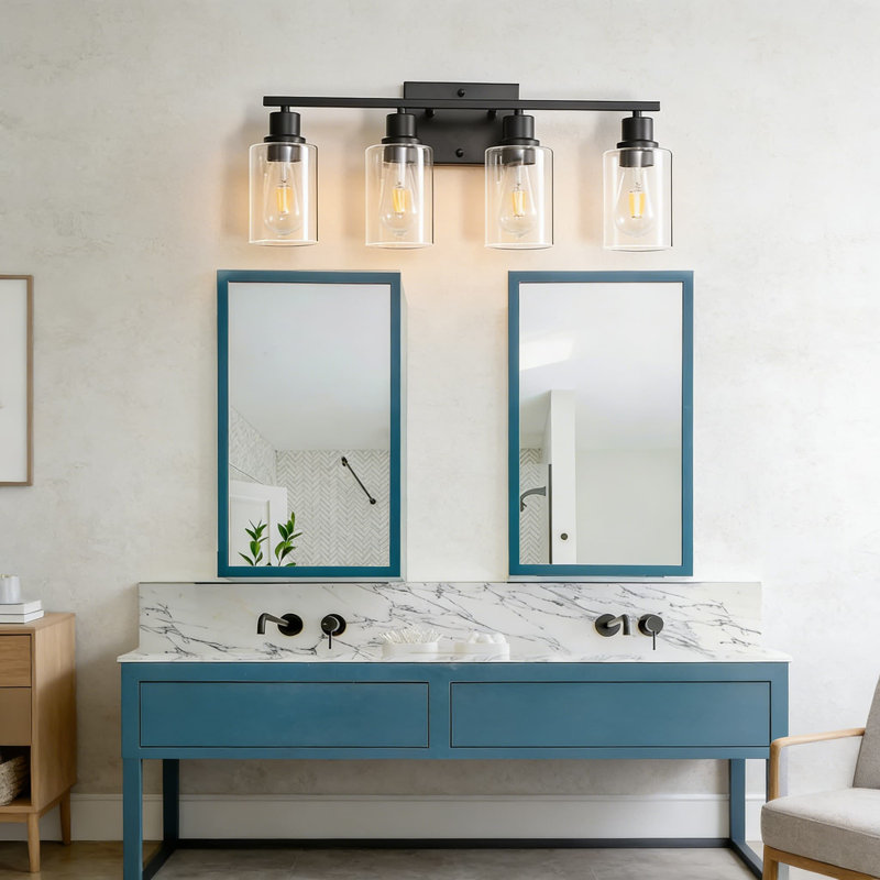 Black Vanity Light Fixture With Clear Glass, 4-Light Wall Sconce For Bathroom Mirror, Modern Farmhouse Lighting For Living Room, Bedroom, And Hallway