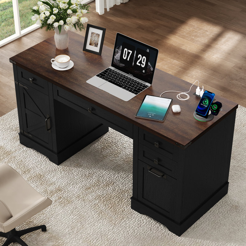  58'' W Rectangle Computer Desk with Storage Cabinet and Drawers, Farmhouse Home Office Desk, Wooden Executive Desk with Charging Station