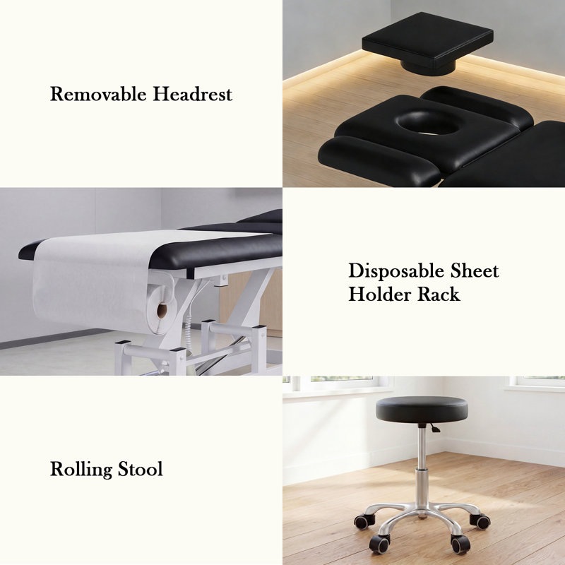 Table de massage électrique professionnelle avec hauteur réglable, dossier et repose-jambes, lit de massage à deux moteurs avec tabouret réglable, télécommande et commande au pied, boutons à DEL