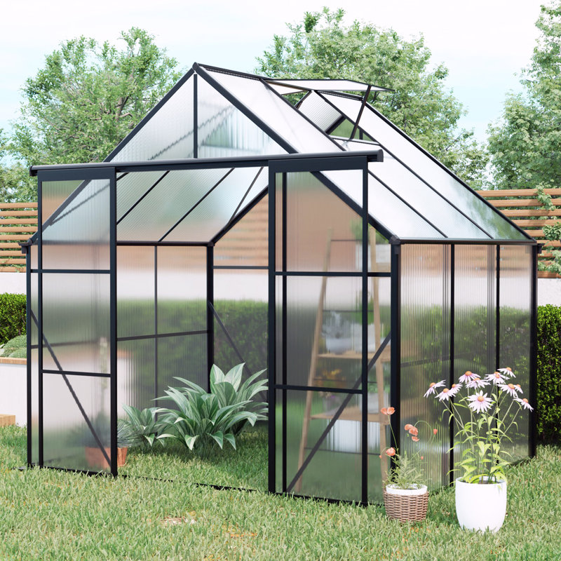 Serre en polycarbonate noir robuste 8X6FT avec toit réglable et système de drainage pour toutes les saisons, Noir