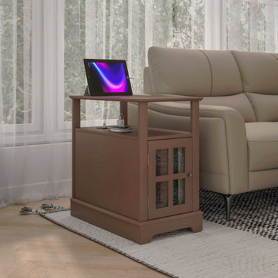 End Table with Charging Station, Narrow Side Table with USB Ports and Outlets, Small Table with Hidden Storage and Open Shelf for Living Room, Brown