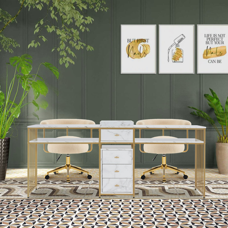 Romus Modern Double Position Nail Desk, Drawer Storage and Shelf 78.7'', Metal Frame