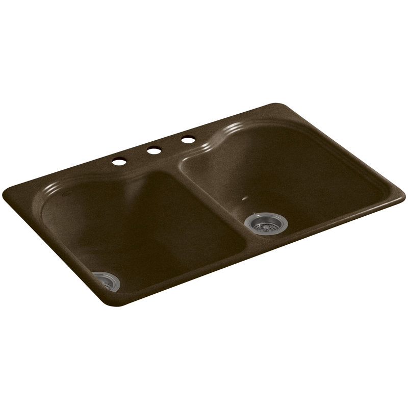 Hartland 33" L x 22" W x 9-5/8" Double Basin Drop-In Kitchen Sink, Black 'n Tan, 3 Hole