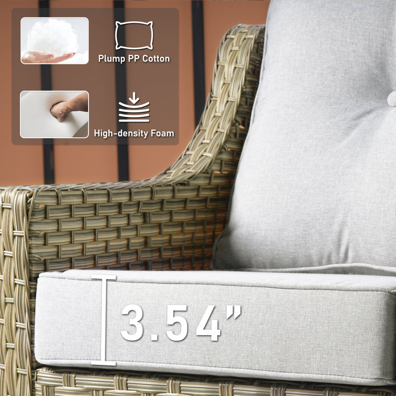 72" W 3-Seat Outdoor Wicker Sofa With Steel Frame, 3.54" Thick Cushions, High Back With Tufted Back Cushions, Rattan Patio Couch