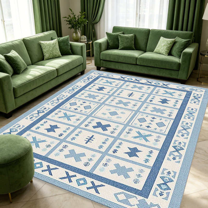 Light Blue Grid Patch Rug carpet-easy to clean, machine-washable, soft and comfortable; suitable for door mats, kitchens, living rooms, bedrooms, corridors, and laundry areas. Easy to clean, durable carpet for home decoration.