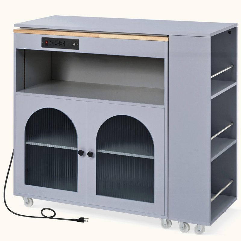 Rolling Kitchen Island With Extended Table, Gray-Blue