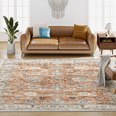 6x9 Area Rugs for Living Room, Brick Machine Washable Low Pile Area Rug, Stain Resistant Vintage Floral Print Home Decor Carpet for Bedroom, Kitchen, Dining Room