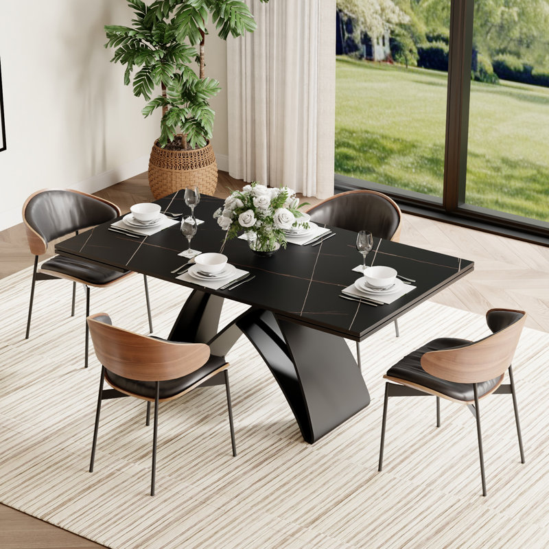 63"-95" Rectangular Extendable Dining Table Set With 4 PU Leather Dining Chairs For Kitchen/Living Room
