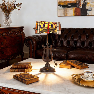 Vintage Stained Glass Table Lamp With E26 Warm Light,Bronze Base