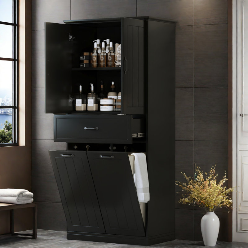 Bathroom Storage Cabinet With Two Laundry Baskets, A Cabinet With 1 Adjustable Shelf And 1 Drawer, Black