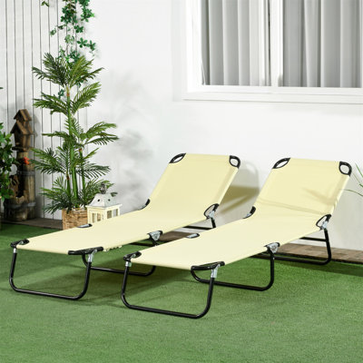 Outsunny 2 Piece Folding Chaise Lounge Pool Chairs, Outdoor Sun Tanning Chairs With 5-Level Reclining Back, Steel Frame For Beach, Yard, Patio, Beige