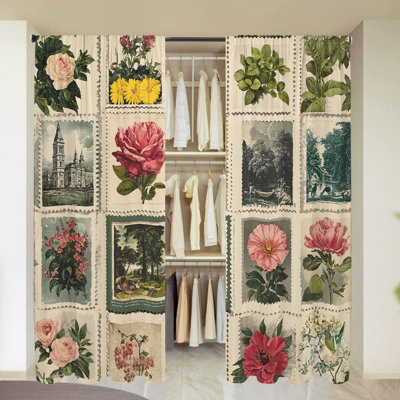 2Pcs Vintage Botanical Stamp Print Curtains Rod Pocket Window Treatment Floral Rose Pattern Living Room Bedroom Kitchen Light Filtering Drapery Panel Farmhouse Home Decor