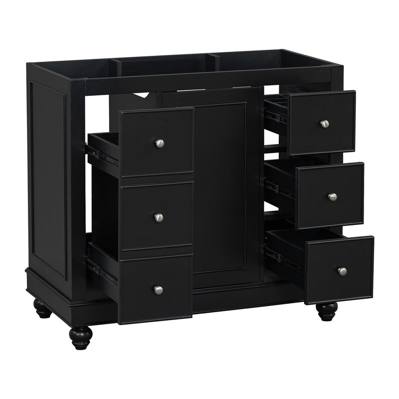 Meuble-lavabo contemporain noir - 36 po x 18 po x 34 po, 4 tiroirs et 1 porte d'armoire, rangement polyvalent, lavabo intégré en résine, tablettes réglables, cadre en bois massif avec panneau de fibres à densité moyenne