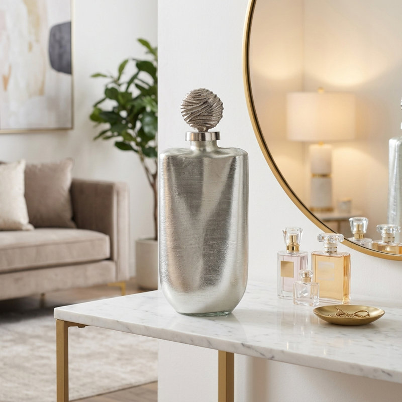 Grand pot contemporain avec dessus en forme de globe en métal pour présentoir de hall d'entrée, H 16 po x l 7 po x P 4 po