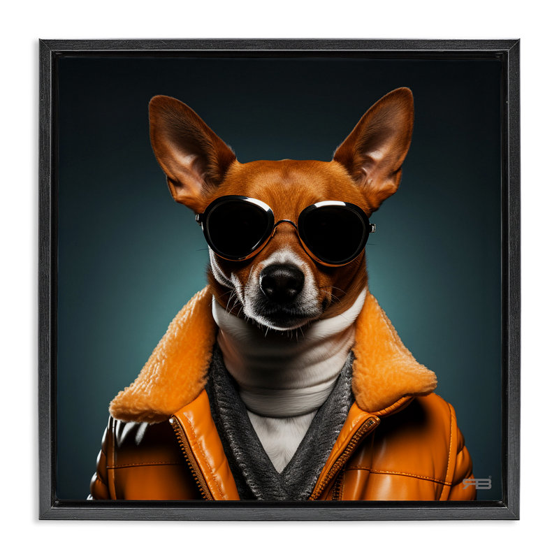 Élégant chien avec lunettes de soleil encadrées dorées sur toile flottante par Roozbeh Bahramali, Cadre flottant noir de jais