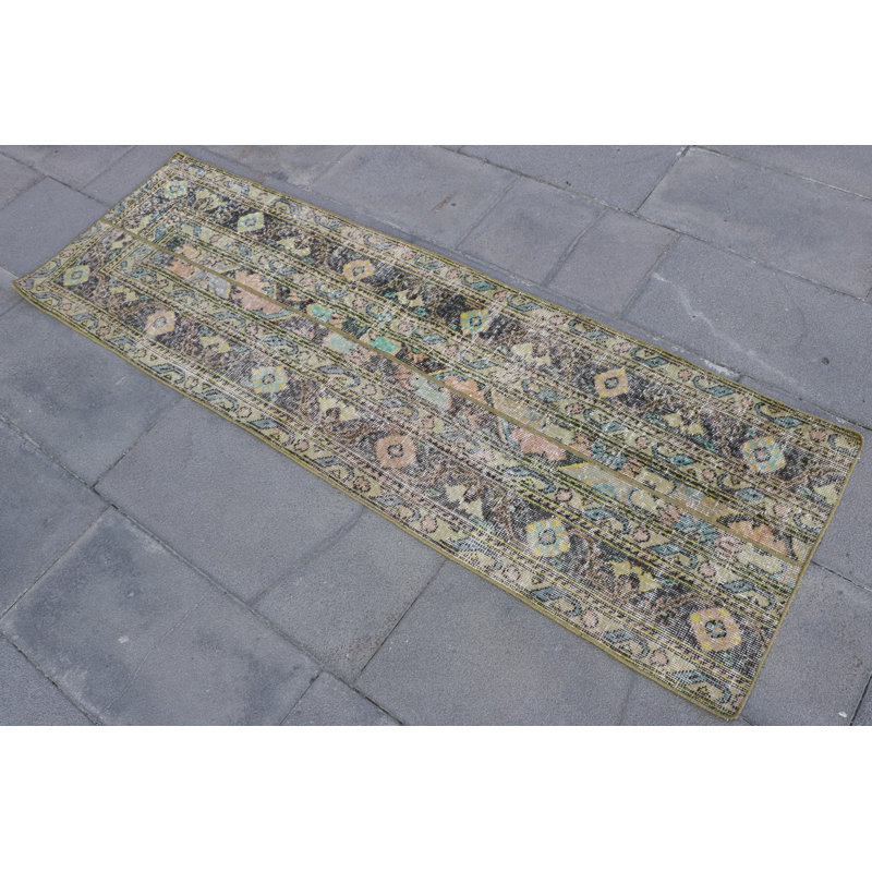 Handmade Vintage Turkish Patchwork Wool Rug in Green for Kitchen or Living Area