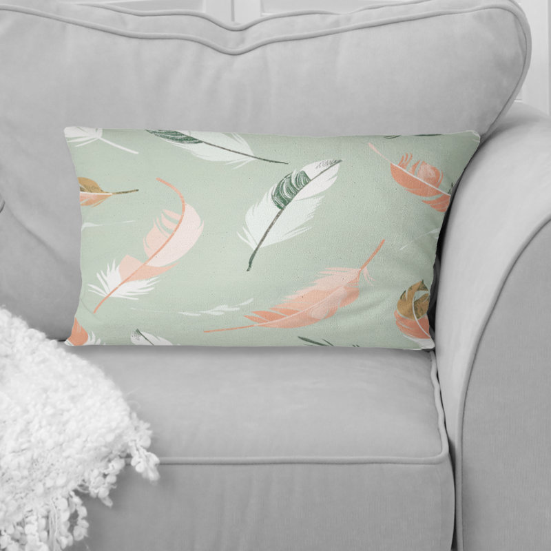 Plumes roses et vertes de Bohème II - coussin Boho, Forme rectangulaire, H 12 po x l 20 po