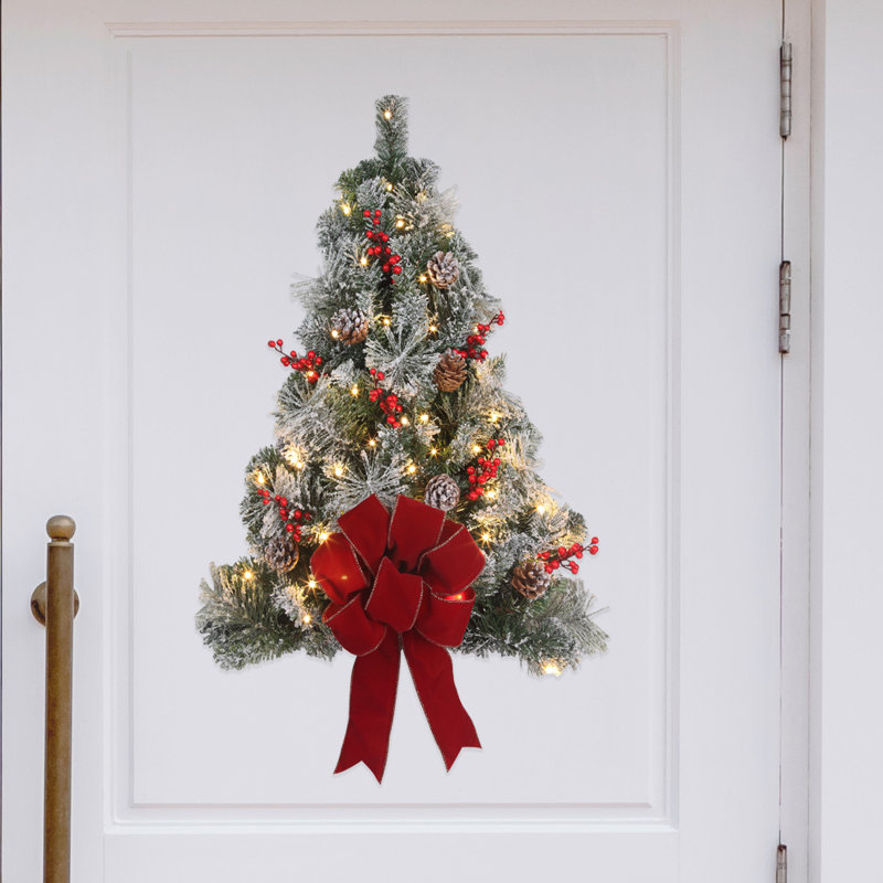 28" Pre-lit Flocked Hanging Christmas Tree with Red Bow