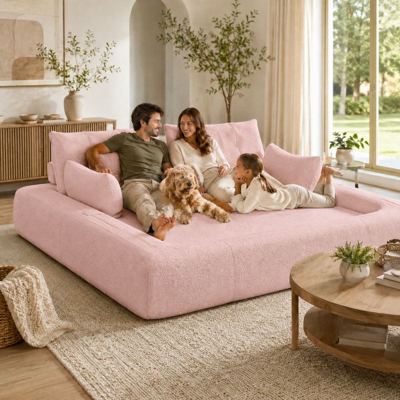 Canapé-lit convertible en chenille avec coussins, Molleton rose, Rose