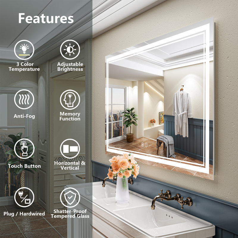 Jayce LED Vanity Mirror with Memory Function, 3 Color Temperatures & Dimmable Light, Anti-fog Tempered Glass ETL Listed Mirror