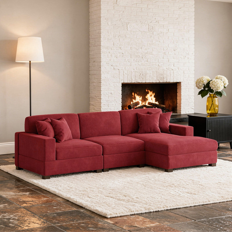 Canapé modulaire rembourré 3 pièces en velours côtelé, Orienté à droite, Velours côtelé rouge
