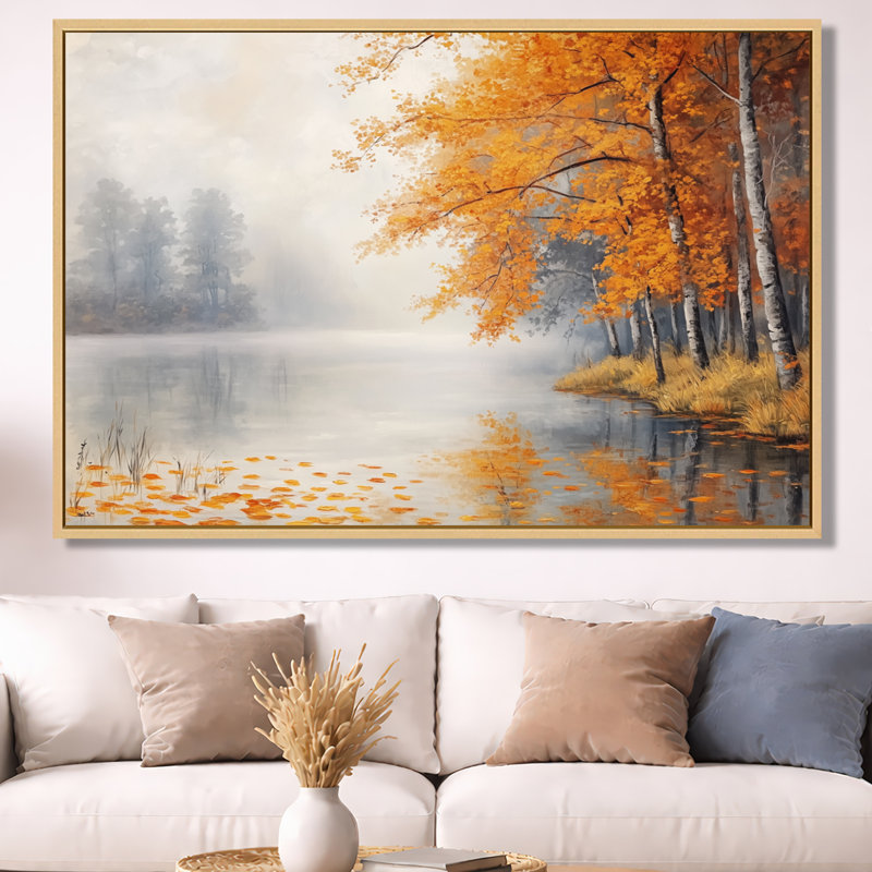 Toile brumeuse, art mural rivière d'automne, berge brumeuse d'automne, H 40 po x l 60 po, Cadre naturel flottant