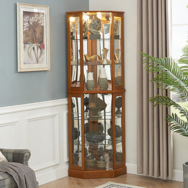 Vitrine de coin à 6 tablettes avec lumières, miroirs et tablettes réglables, Chêne