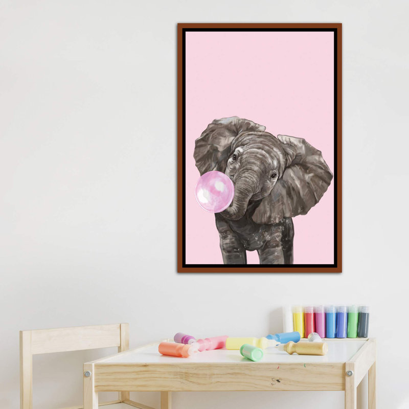 Art d’éléphant de gomme à bulles, H 40 po x l 26 po x P 1,5 po, Toile avec cadre en bois classique