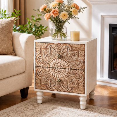 18“ Carved Wooden Nightstand with Two Drawers