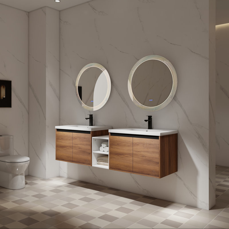 Meuble-lavabo mural avec deux lavabos en résine, une tablette et des portes à fermeture en douceur, 72"