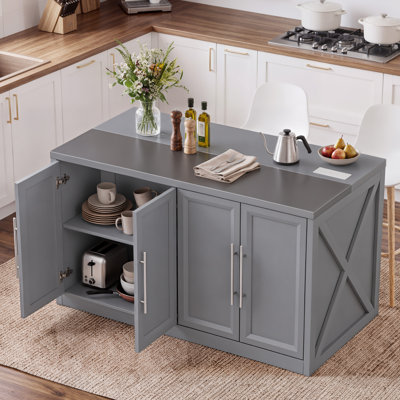 Îlot de cuisine 53 po avec plateau en acier inoxydable, prise de courant et rangement