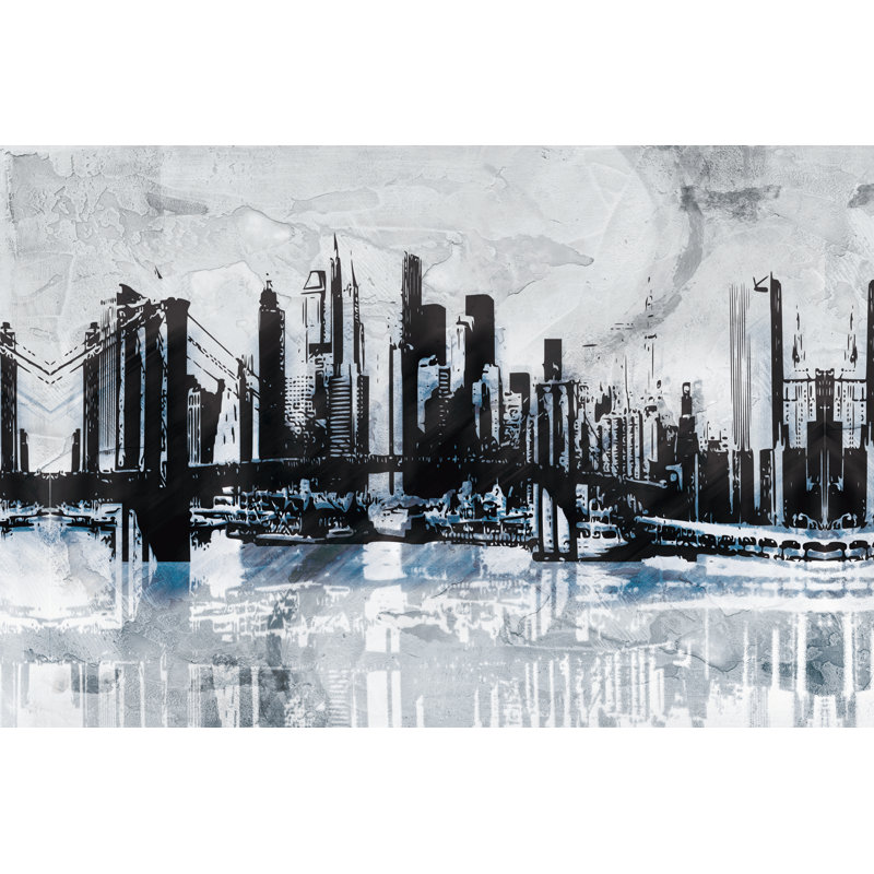 Steel Blue Cityscape - Wrapped Canvas Painting, 30cm H x 46cm W x 3.8cm D