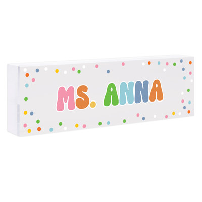 8 X 2.5 Acrylic Teacher Desk Name Plate - Custom Pastel Polka Dots Classroom Décor