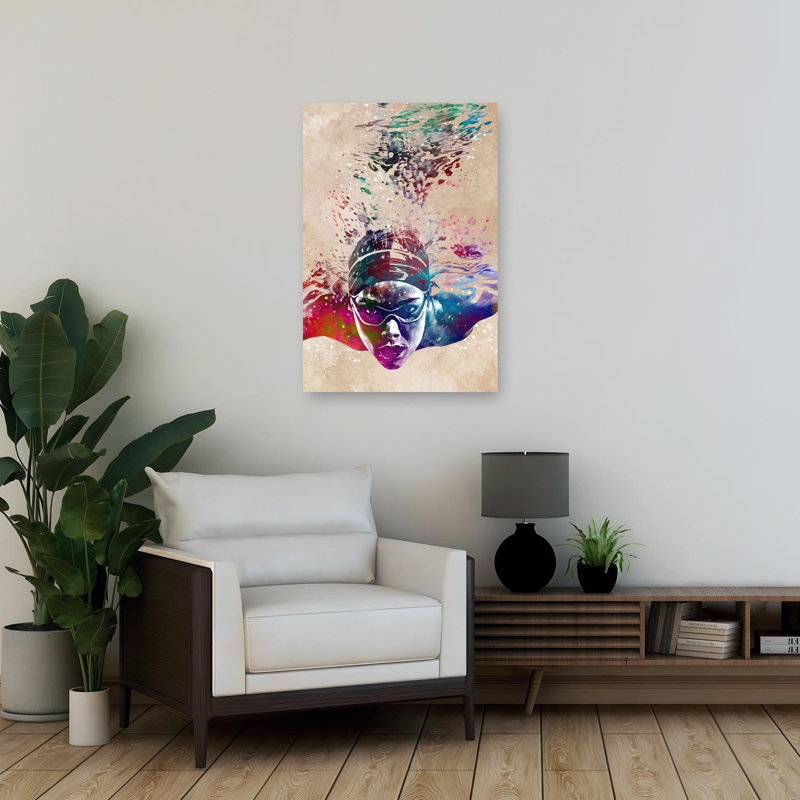 «Vibrant Underwater Swimmer», art mural contemporain, 36" H x 24" W