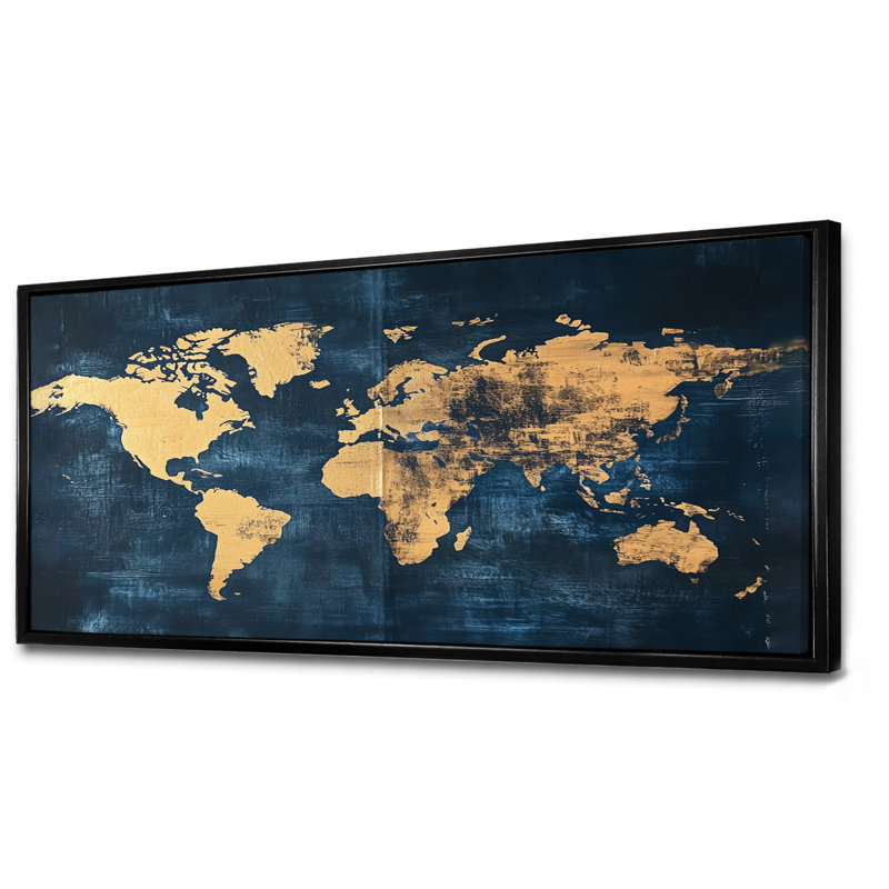 Atlas doré - Carte du monde encadrée, H 28 po x l 60 po, Cadre flottant noir