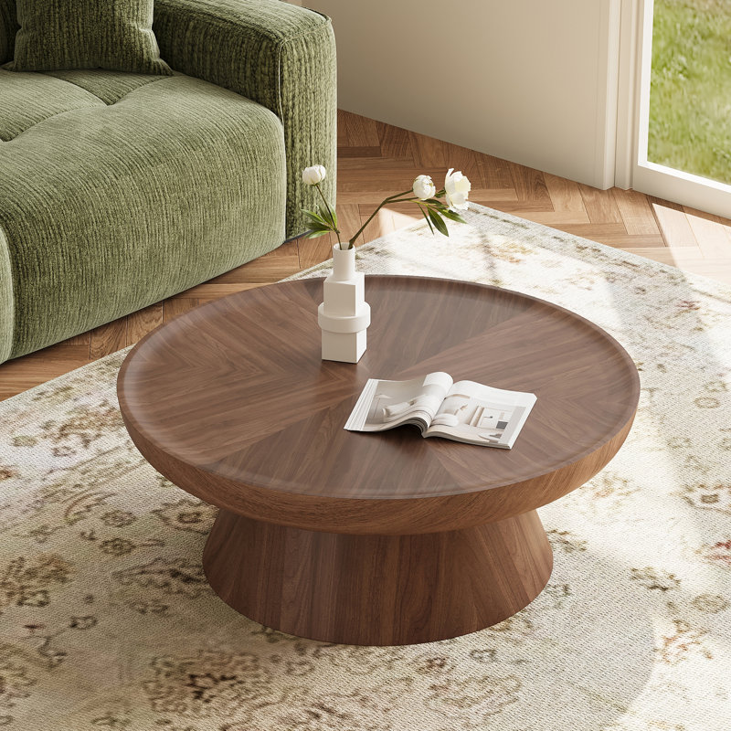 35.43'' Rustic Walnut Round Coffee Table With Thick Conical Base, No Assembly Needed, Walnut