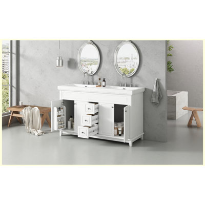Ensemble de meuble-lavabo blanc 60 po avec lavabo double en résine, ensemble de meuble-lavabo autoportant avec 3 tiroirs à fermeture douce, 4 portes avec tablettes à double couche, pieds en bois massif, pour la salle de bain