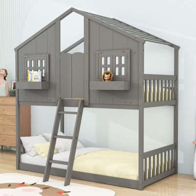 Twin Over Twin House Bunk Bed With Roof And Windows