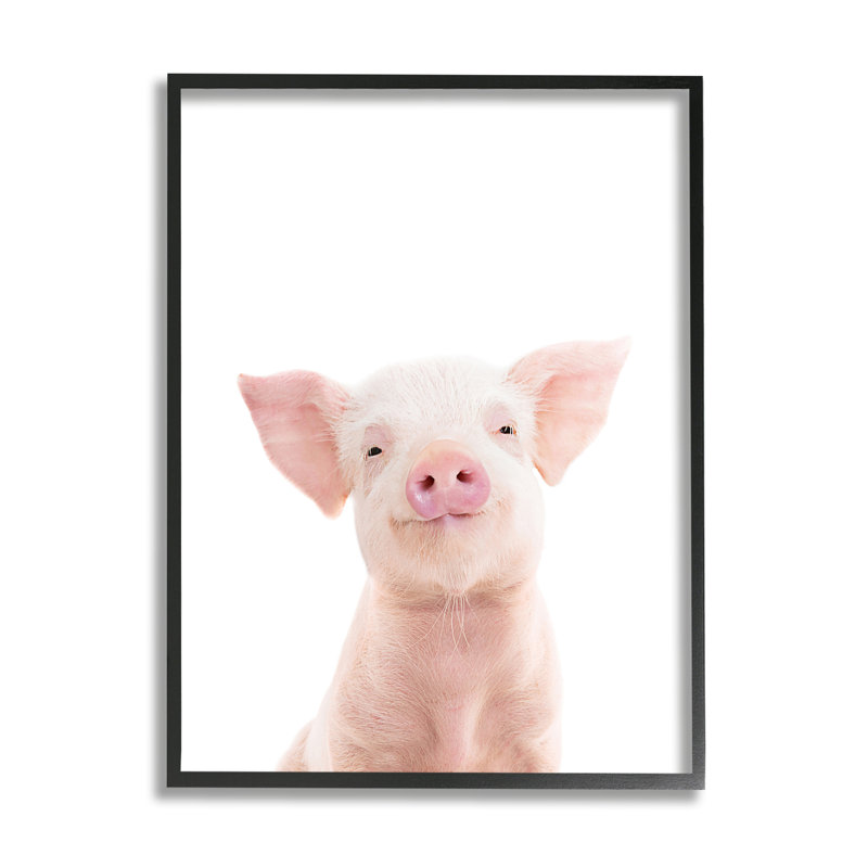 Sourire de cochon rose par Sissi et Seb, H 14 po x l 11 po x P 1,5 po, Giclée encadrée noir minuit