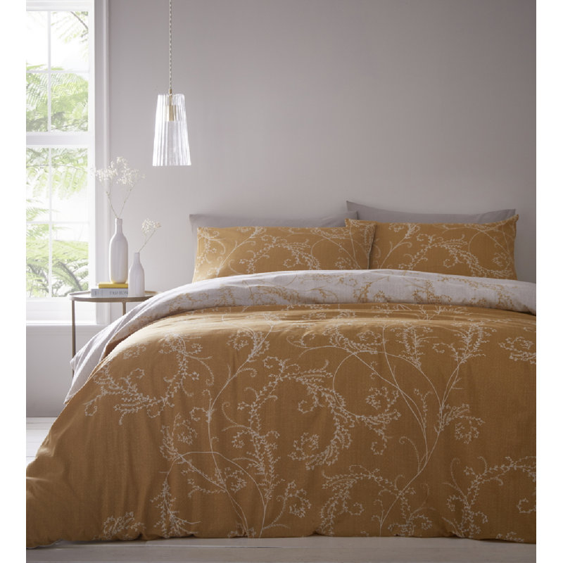 Abana Polyester Floral Duvet Cover Set with Pillowcases, Double - 2 Standard Pillowcases, Ochre