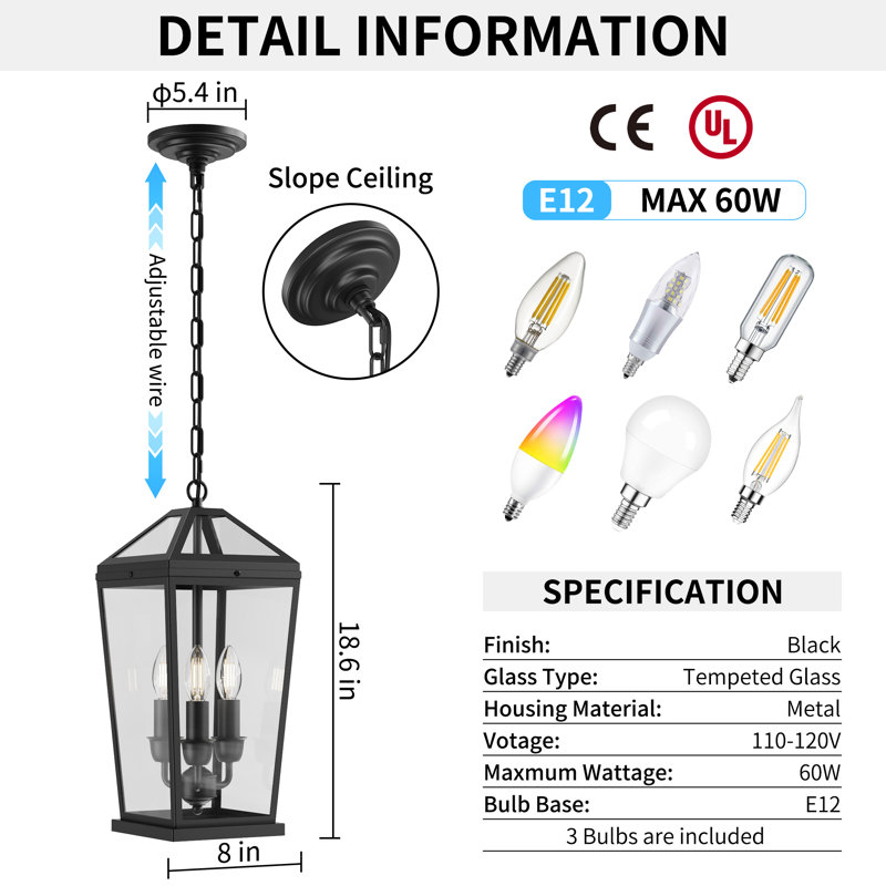 3-light Outdoor Hanging Lantern,18.6 " Large Outdoor Pendant Lantern  for Outside Weatherproof and Anti-rust,3 Bulbs Included Traditional Outdoor Pendant Lights for Porch,Entrance,Yard,Patio