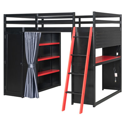 Lit mezzanine en bois pleine grandeur avec garde-robe, tablettes, rideau occultant et système d'éclairage RVB