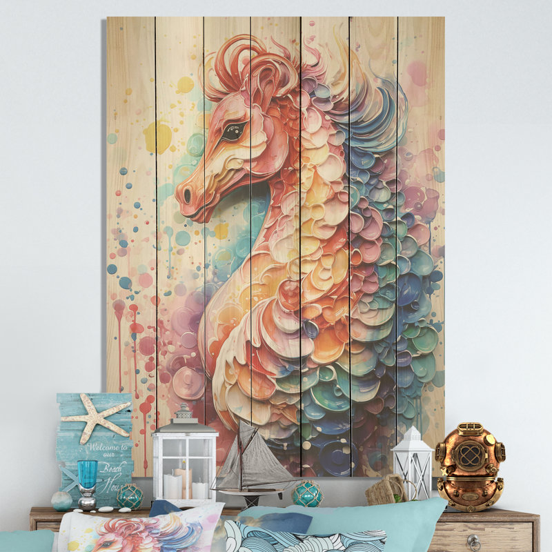 Hippocampe rose, élégance océanique - Hippocampe, impression sur bois, H 32 po x l 24 po
