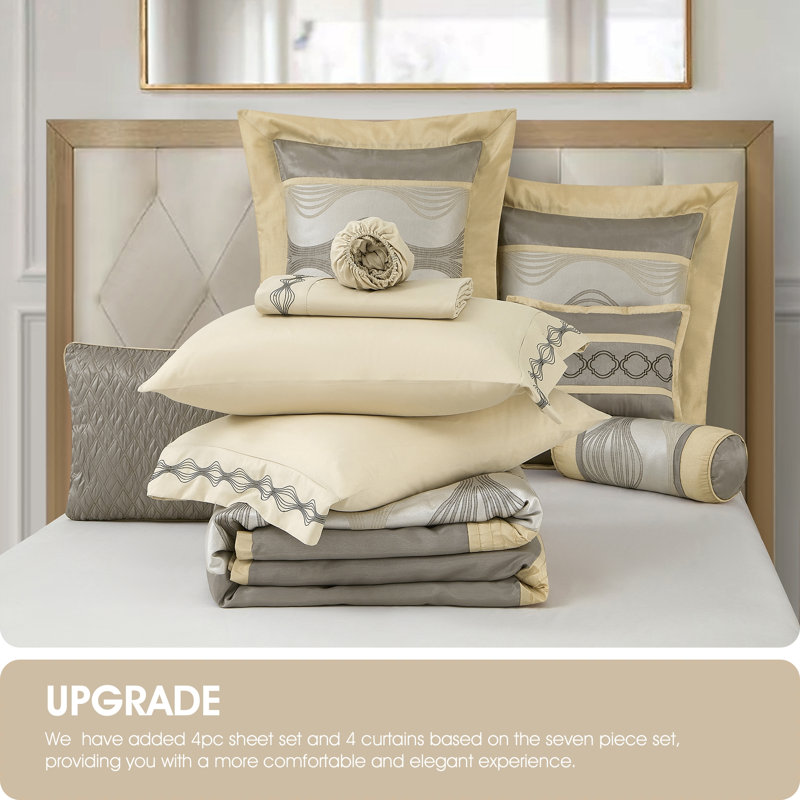 Ensemble d'édredon en jacquard en microfibre 15 pièces Kath, Très grand édredon + 14 pièces supplémentaires, Gray Gold