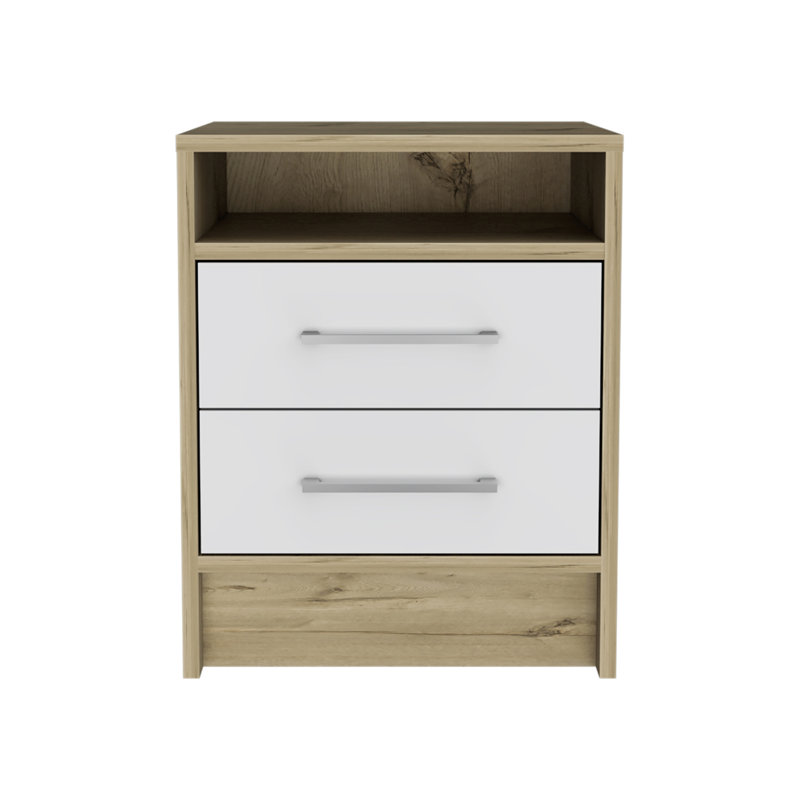 Table de chevet compacte Eter avec deux tiroirs et une tablette, rangement de chevet minimaliste, Naturel / Blanc
