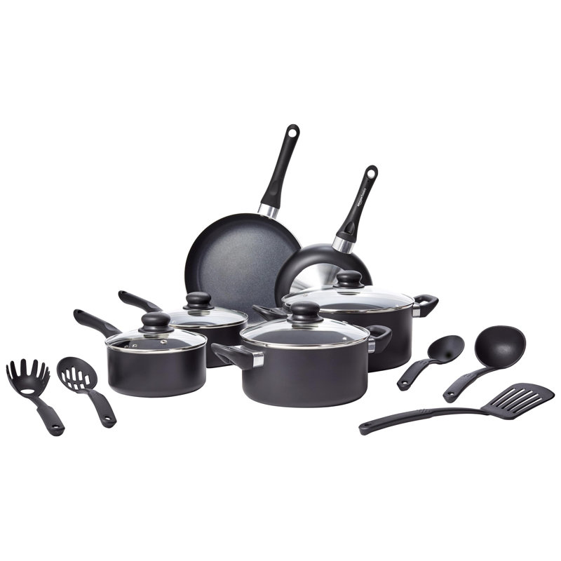 Ensemble de batterie de cuisine antiadhésive 15 pièces, sans induction, incluant les casseroles, les poêles et les ustensiles, noir